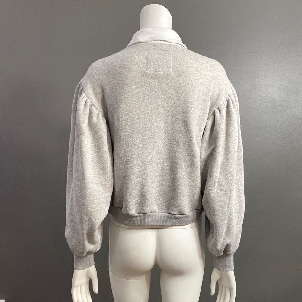 Peace Love World White/Gray Chic Denim Jacket Puff Gray Sleeve Oversized SZ XXS - Picture 6 of 16